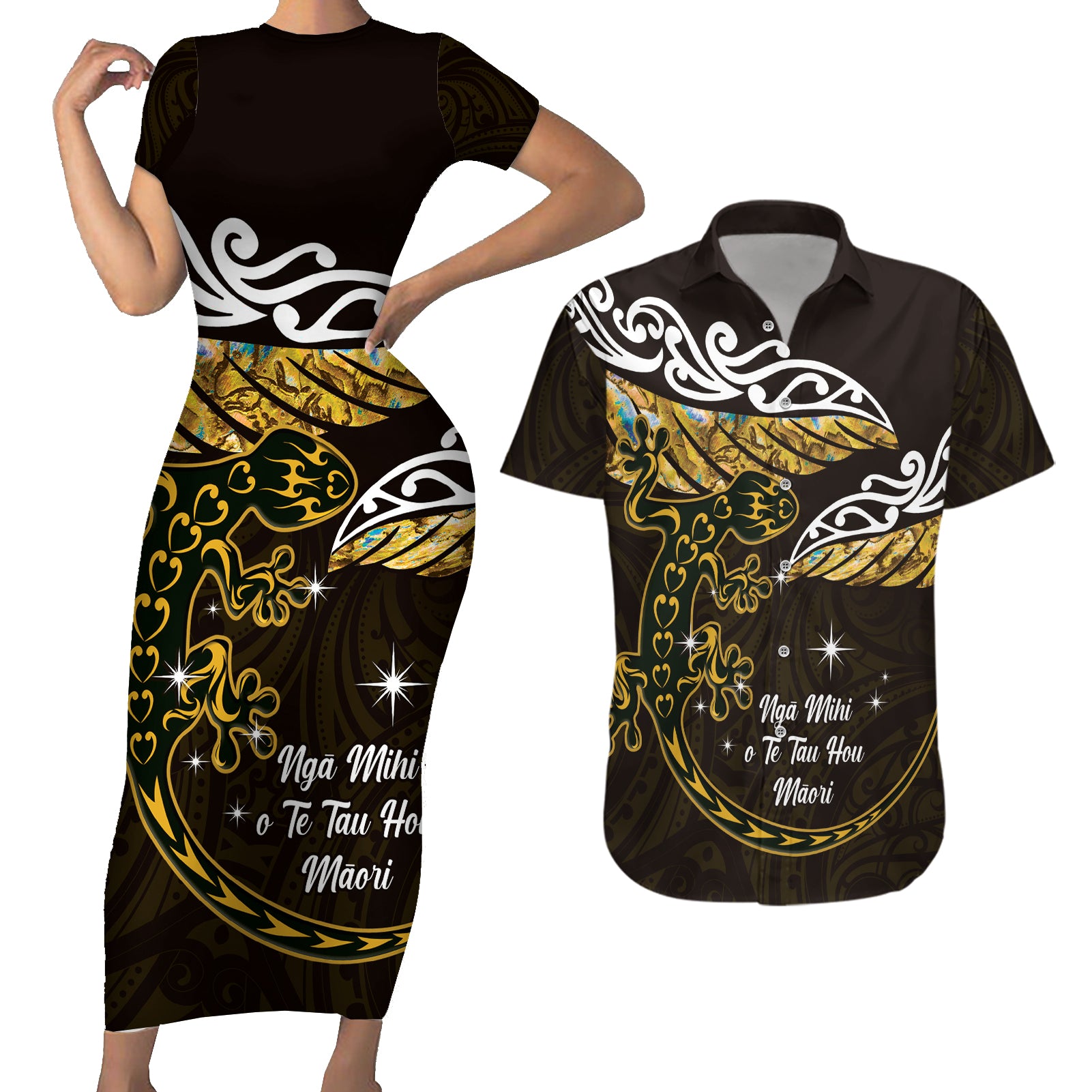 New Zealand Matariki Couples Matching Short Sleeve Bodycon Dress and Hawaiian Shirt Maori New Year Silver Fern And Lizard - Gold