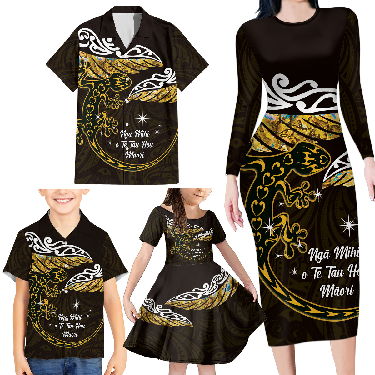 New Zealand Matariki Family Matching Long Sleeve Bodycon Dress and Hawaiian Shirt Maori New Year Silver Fern And Lizard - Gold