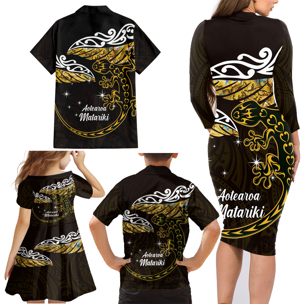 New Zealand Matariki Family Matching Long Sleeve Bodycon Dress and Hawaiian Shirt Maori New Year Silver Fern And Lizard - Gold