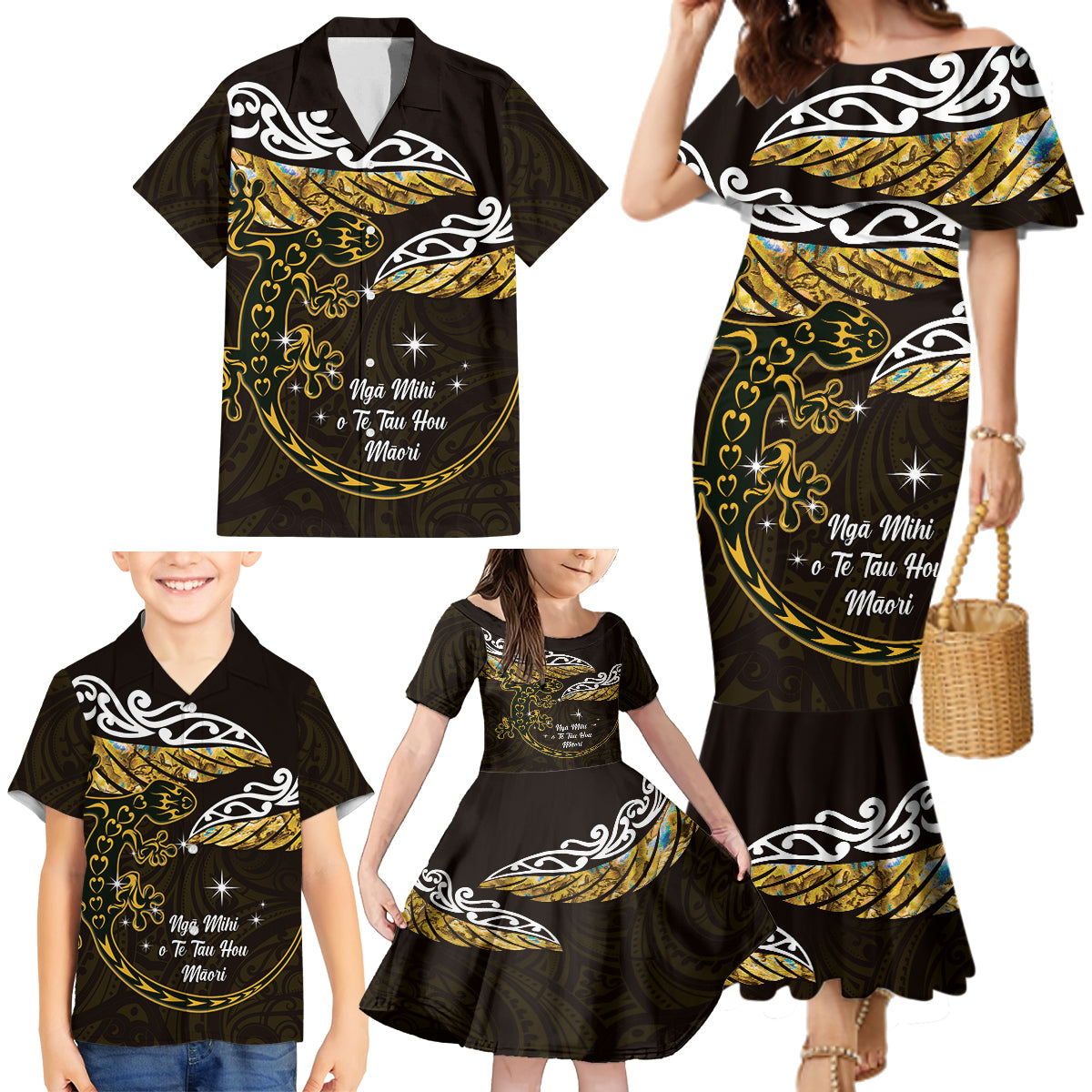 New Zealand Matariki Family Matching Mermaid Dress and Hawaiian Shirt Maori New Year Silver Fern And Lizard - Gold