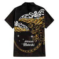 New Zealand Matariki Family Matching Off The Shoulder Long Sleeve Dress and Hawaiian Shirt Maori New Year Silver Fern And Lizard - Gold