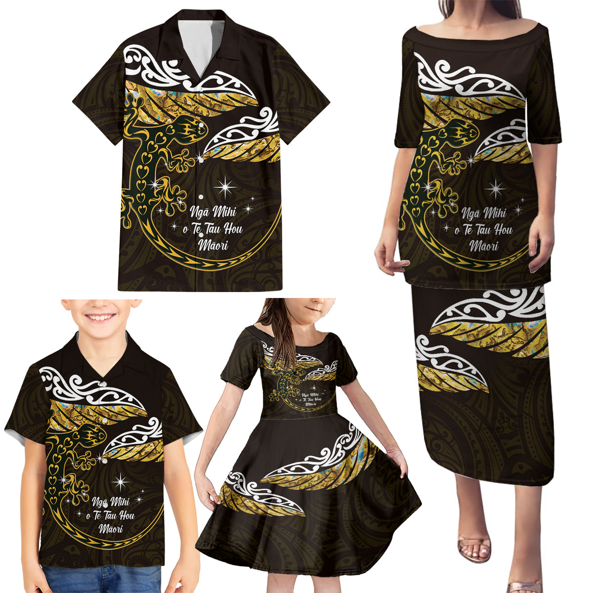 New Zealand Matariki Family Matching Puletasi and Hawaiian Shirt Maori New Year Silver Fern And Lizard - Gold