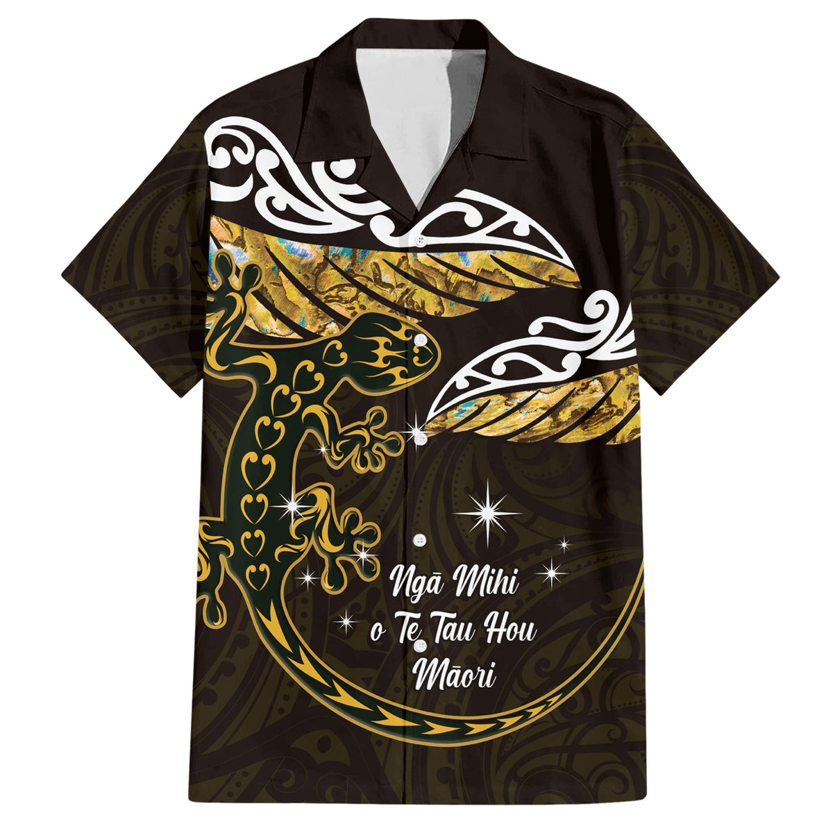 New Zealand Matariki Family Matching Short Sleeve Bodycon Dress and Hawaiian Shirt Maori New Year Silver Fern And Lizard - Gold