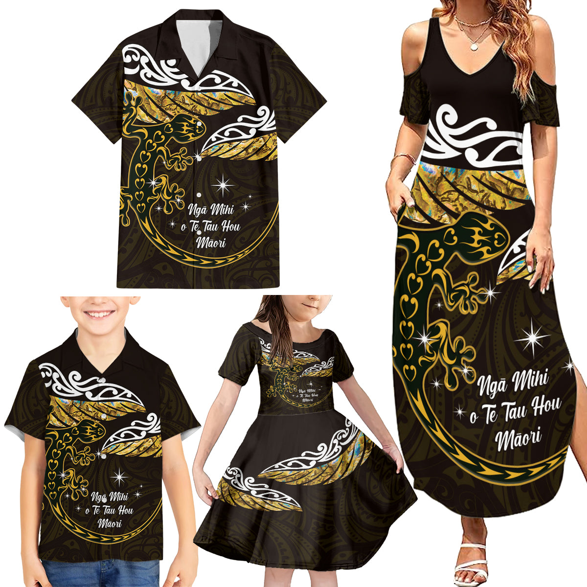 New Zealand Matariki Family Matching Summer Maxi Dress and Hawaiian Shirt Maori New Year Silver Fern And Lizard - Gold