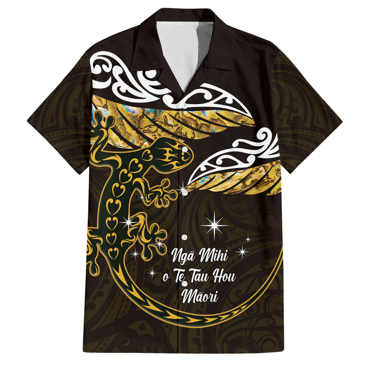 New Zealand Matariki Family Matching Summer Maxi Dress and Hawaiian Shirt Maori New Year Silver Fern And Lizard - Gold