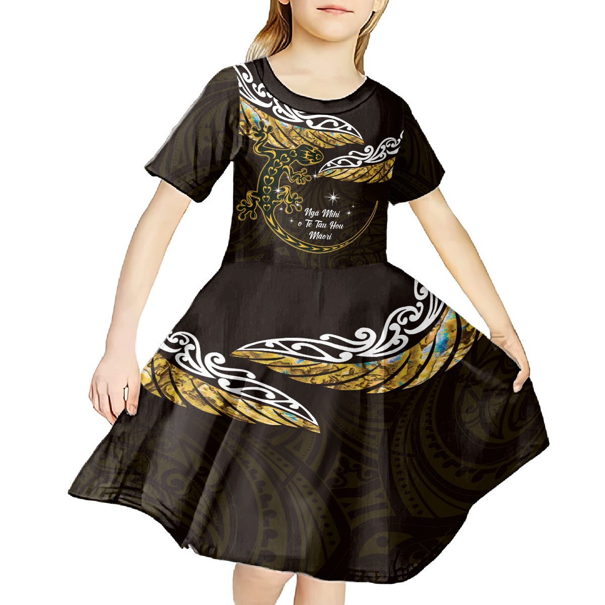 New Zealand Matariki Kid Short Sleeve Dress Maori New Year Silver Fern And Lizard - Gold