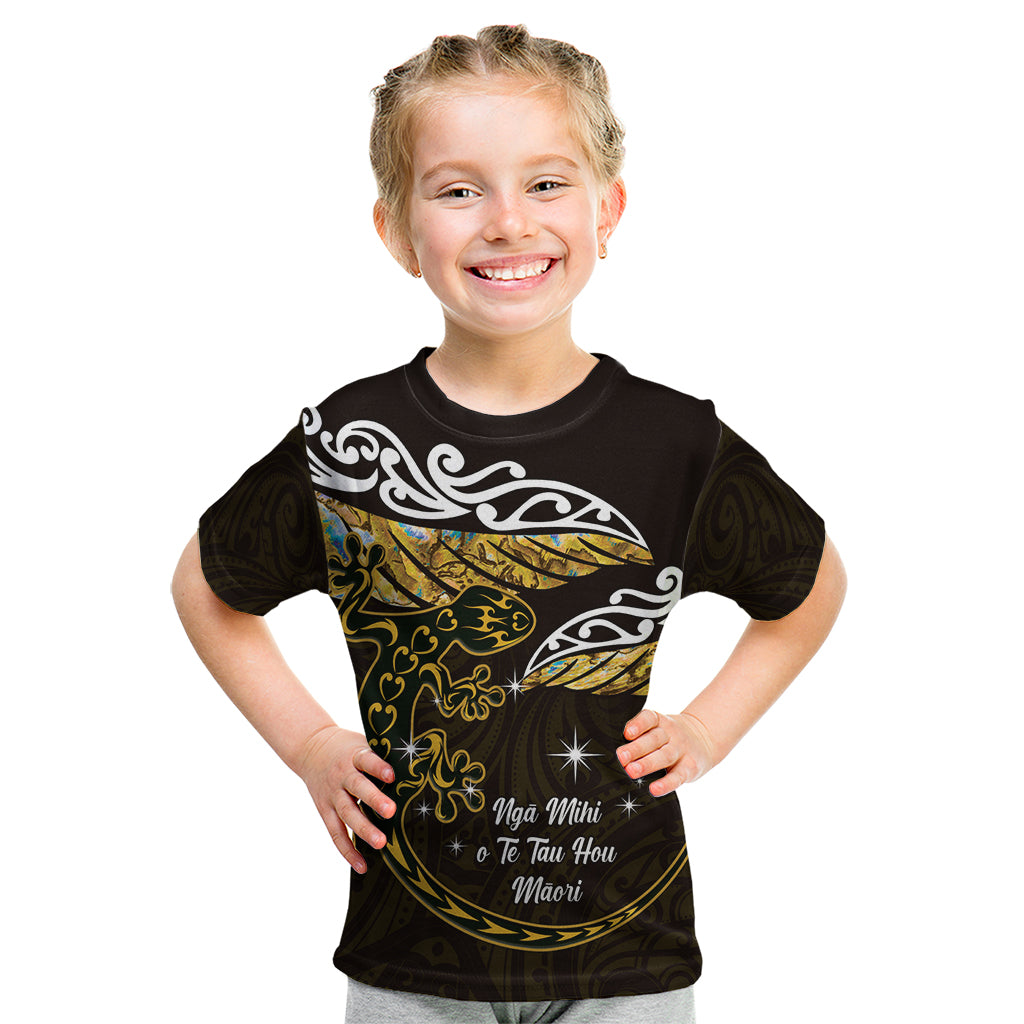 New Zealand Matariki Kid T Shirt Maori New Year Silver Fern And Lizard - Gold