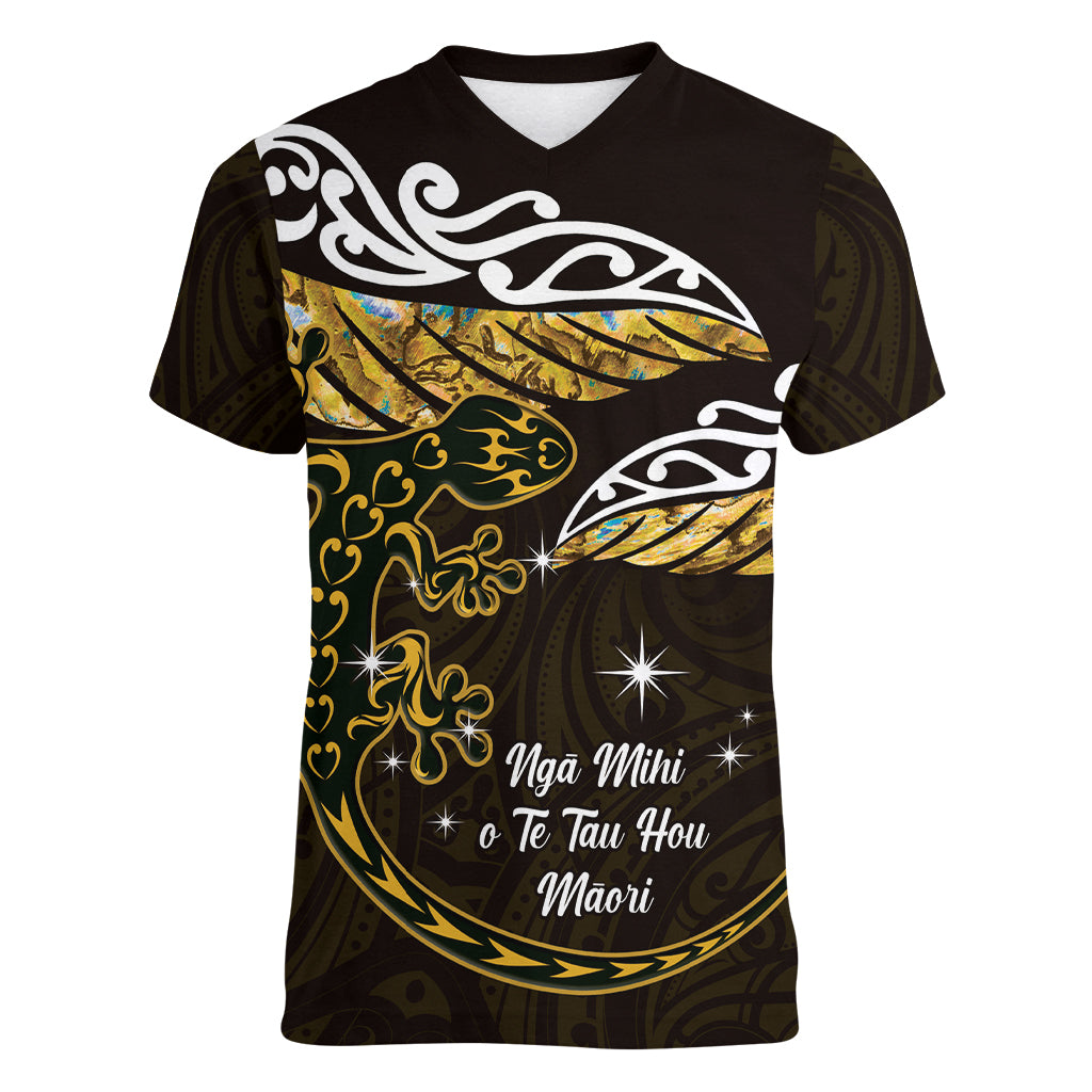 New Zealand Matariki Women V-Neck T-Shirt Maori New Year Silver Fern And Lizard - Gold