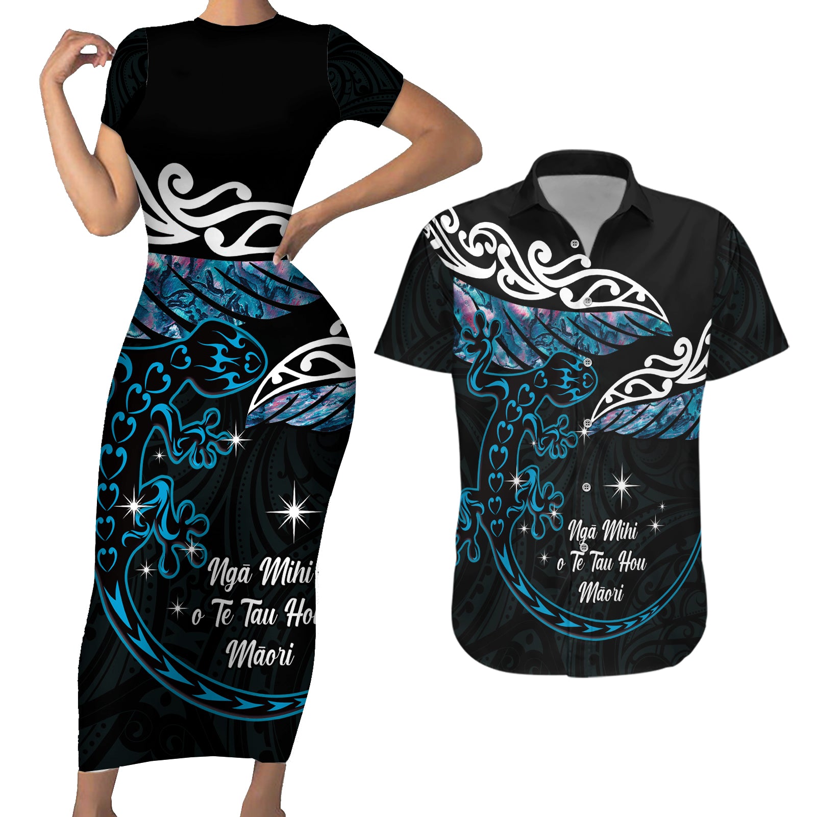 New Zealand Matariki Couples Matching Short Sleeve Bodycon Dress and Hawaiian Shirt Maori New Year Silver Fern And Lizard - Turquosie