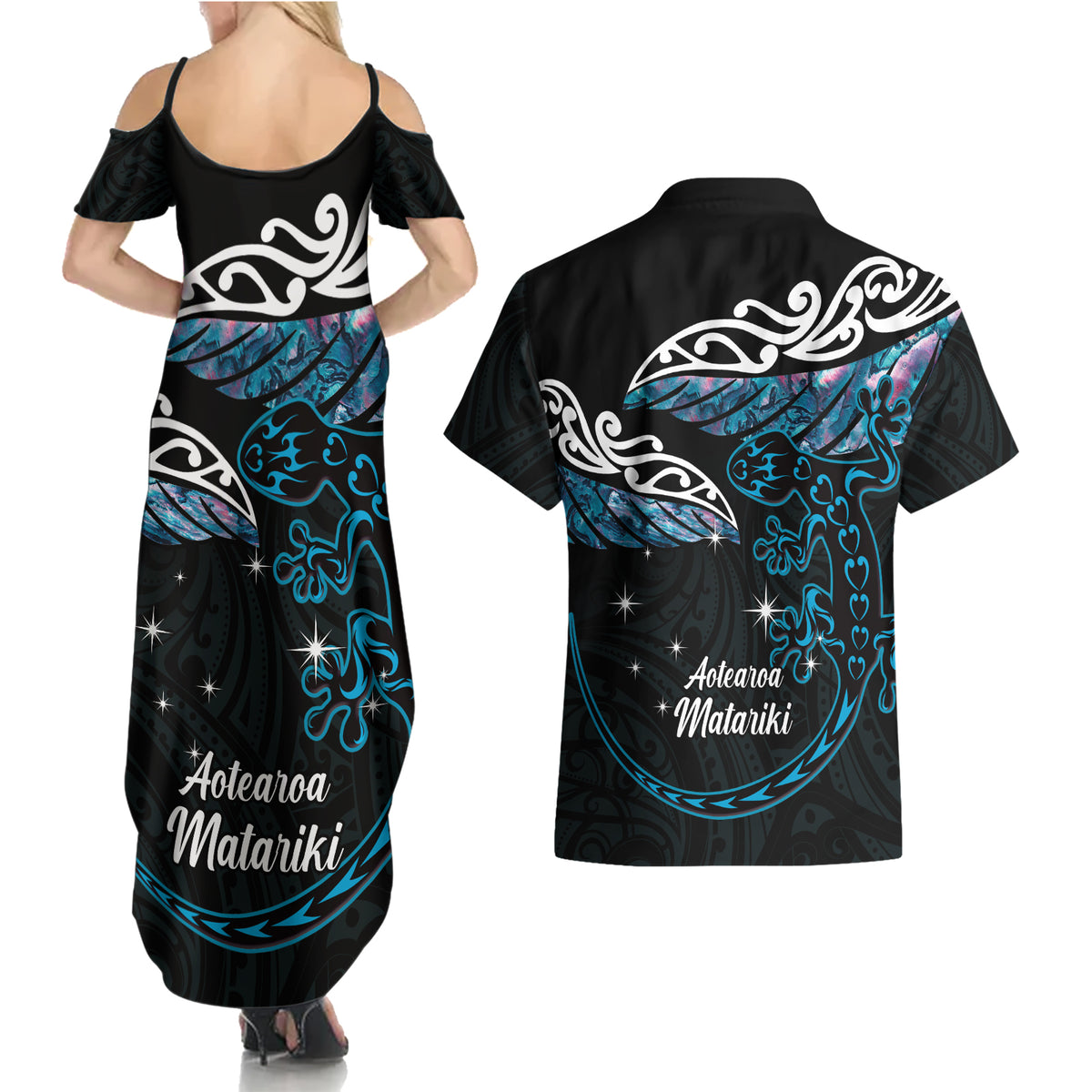 New Zealand Matariki Couples Matching Summer Maxi Dress and Hawaiian Shirt Maori New Year Silver Fern And Lizard - Turquosie