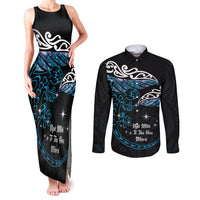 New Zealand Matariki Couples Matching Tank Maxi Dress and Long Sleeve Button Shirt Maori New Year Silver Fern And Lizard - Turquosie