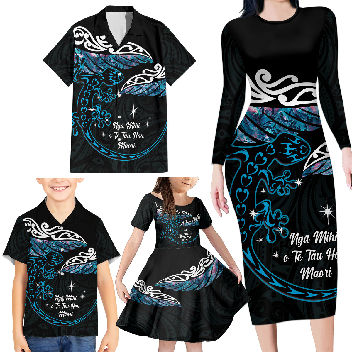 New Zealand Matariki Family Matching Long Sleeve Bodycon Dress and Hawaiian Shirt Maori New Year Silver Fern And Lizard - Turquosie