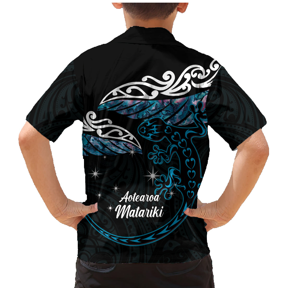 New Zealand Matariki Family Matching Mermaid Dress and Hawaiian Shirt Maori New Year Silver Fern And Lizard - Turquosie