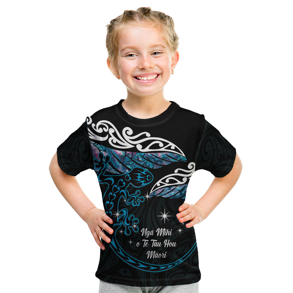 New Zealand Matariki Kid T Shirt Maori New Year Silver Fern And Lizard - Turquosie