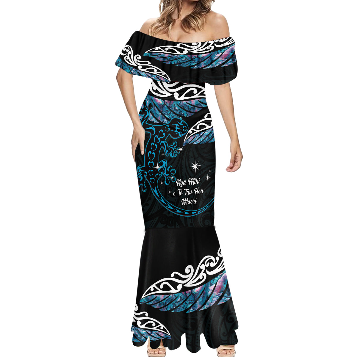 New Zealand Matariki Mermaid Dress Maori New Year Silver Fern And Lizard - Turquosie