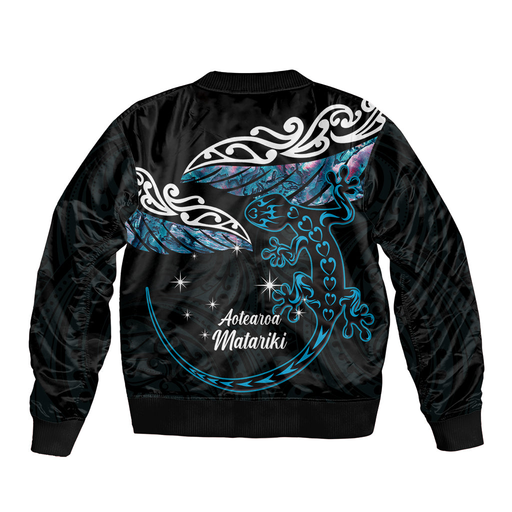 New Zealand Matariki Sleeve Zip Bomber Jacket Maori New Year Silver Fern And Lizard - Turquosie