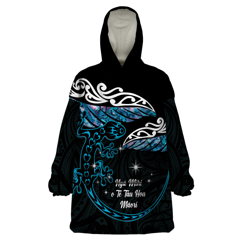 New Zealand Matariki Wearable Blanket Hoodie Maori New Year Silver Fern And Lizard - Turquosie