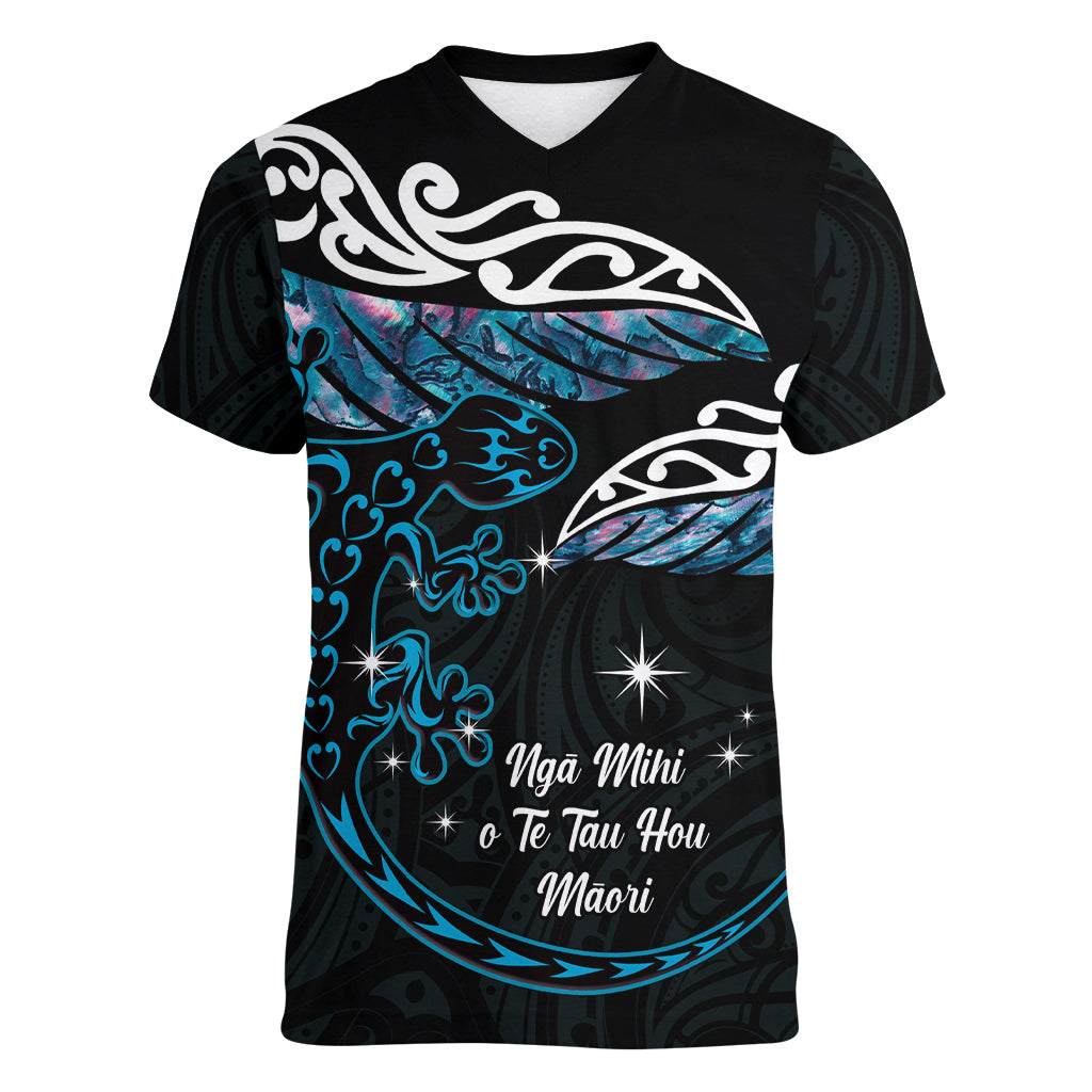 New Zealand Matariki Women V-Neck T-Shirt Maori New Year Silver Fern And Lizard - Turquosie