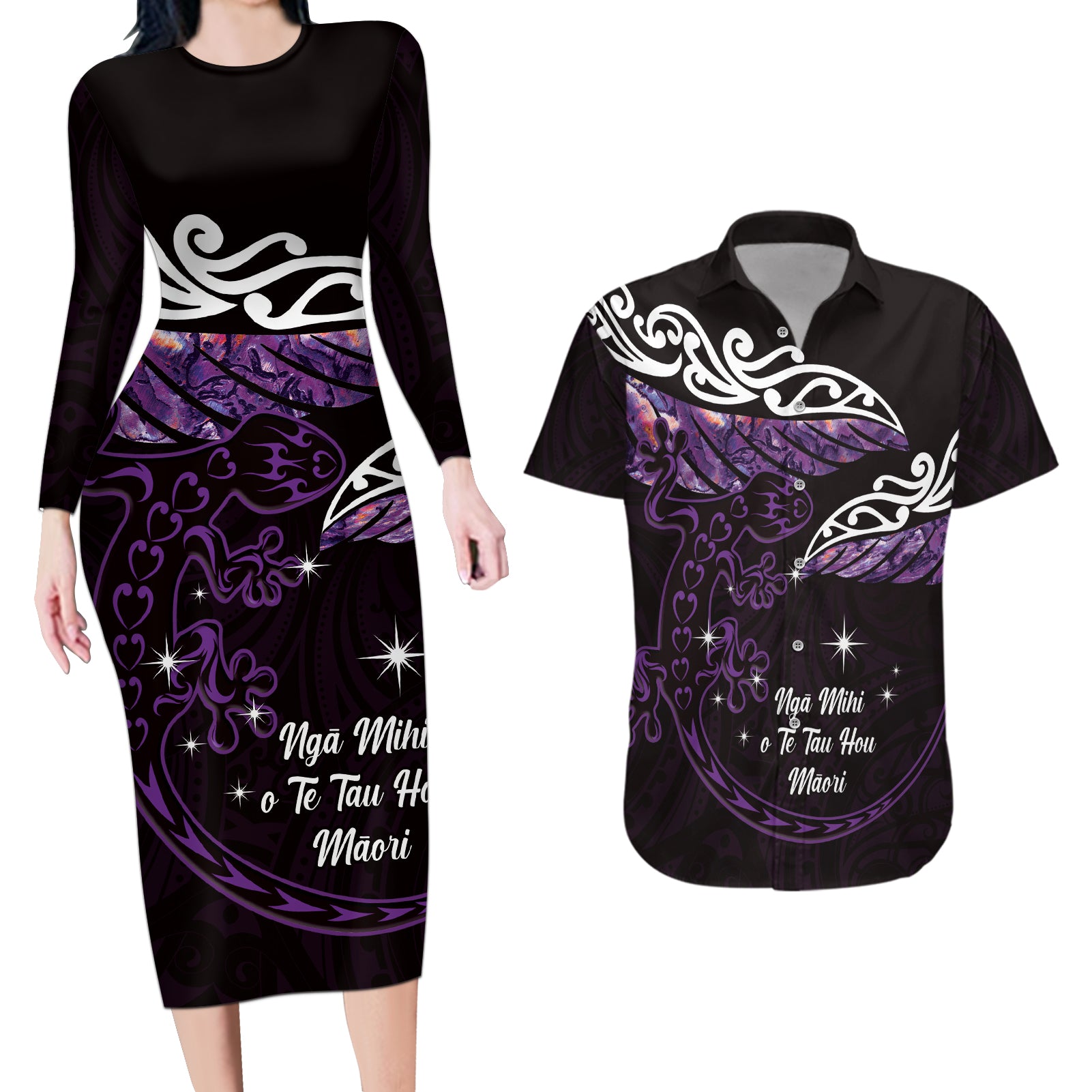 New Zealand Matariki Couples Matching Long Sleeve Bodycon Dress and Hawaiian Shirt Maori New Year Silver Fern And Lizard - Purple