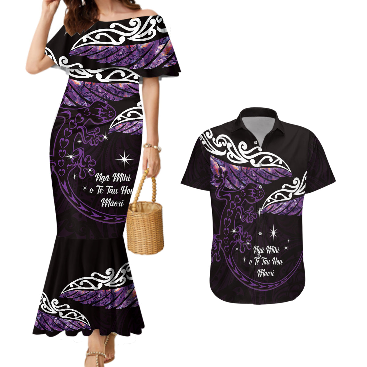 New Zealand Matariki Couples Matching Mermaid Dress and Hawaiian Shirt Maori New Year Silver Fern And Lizard - Purple