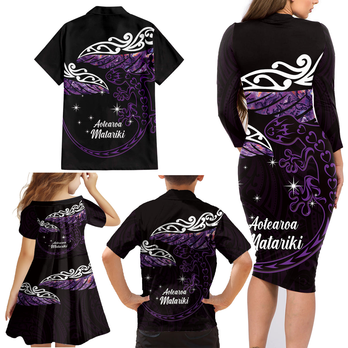 New Zealand Matariki Family Matching Long Sleeve Bodycon Dress and Hawaiian Shirt Maori New Year Silver Fern And Lizard - Purple