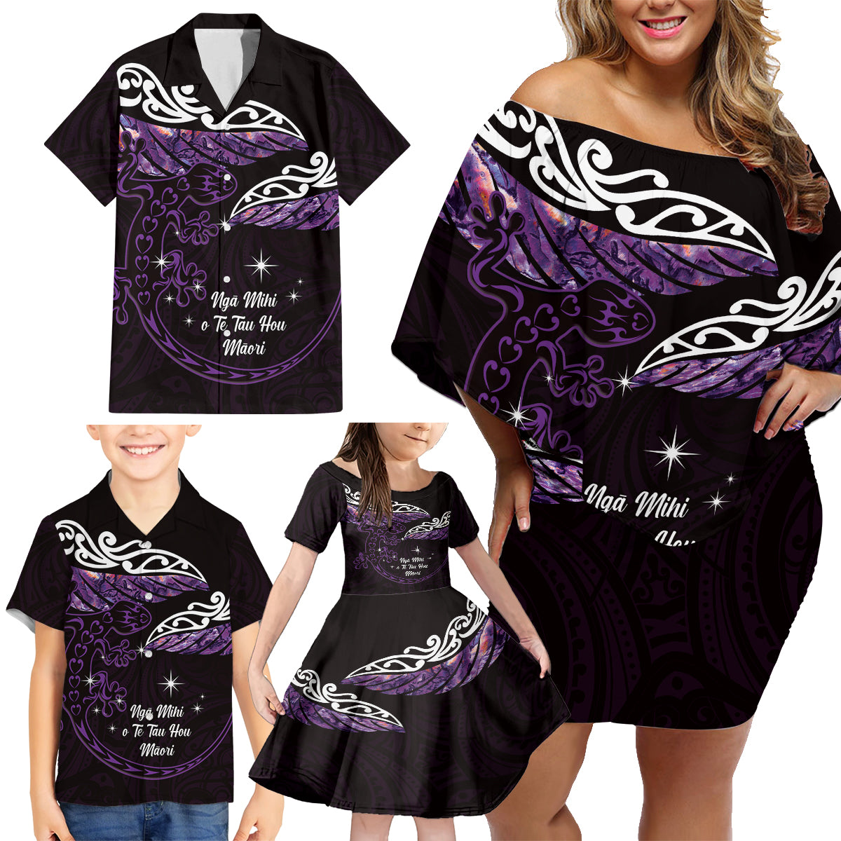 New Zealand Matariki Family Matching Off Shoulder Short Dress and Hawaiian Shirt Maori New Year Silver Fern And Lizard - Purple