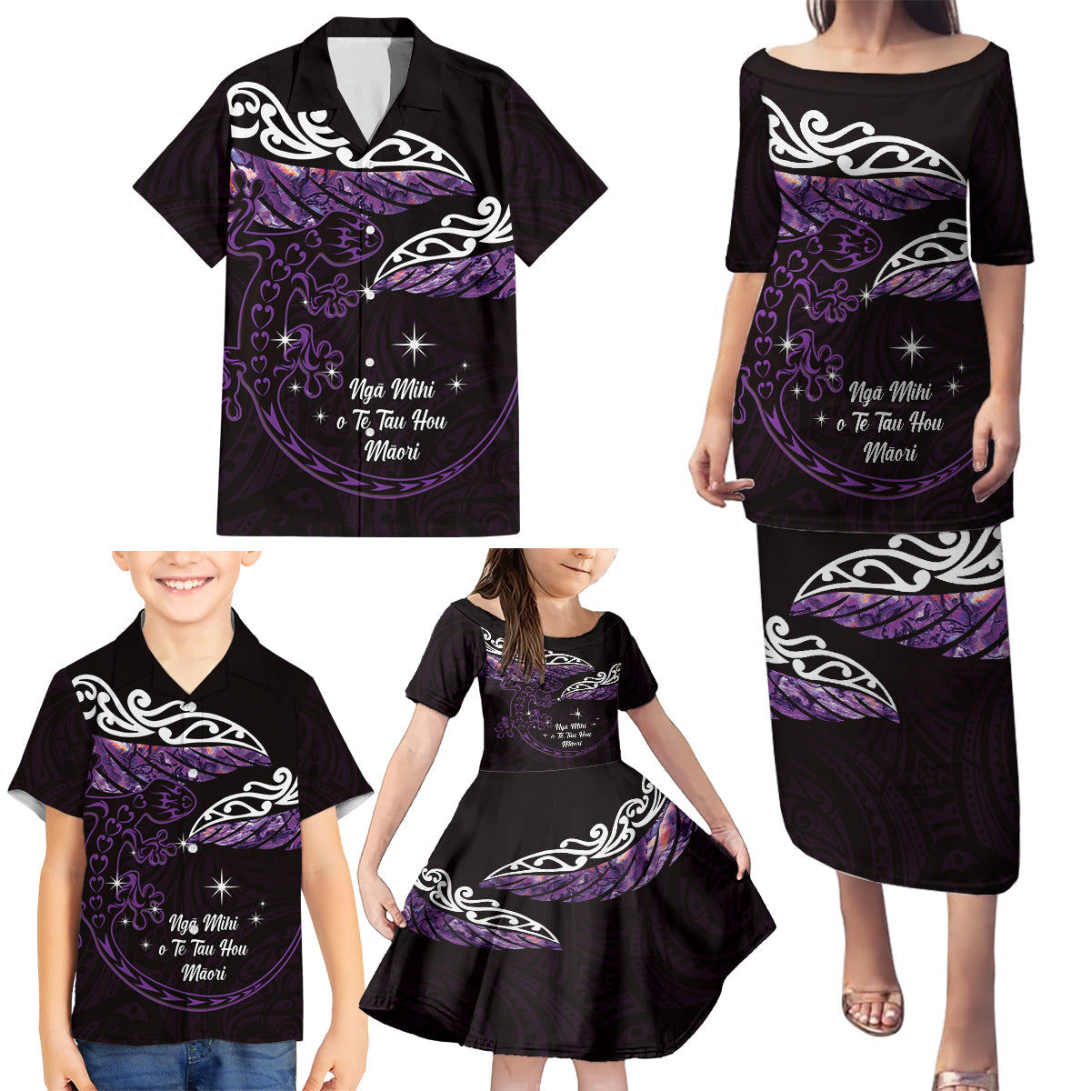 New Zealand Matariki Family Matching Puletasi and Hawaiian Shirt Maori New Year Silver Fern And Lizard - Purple