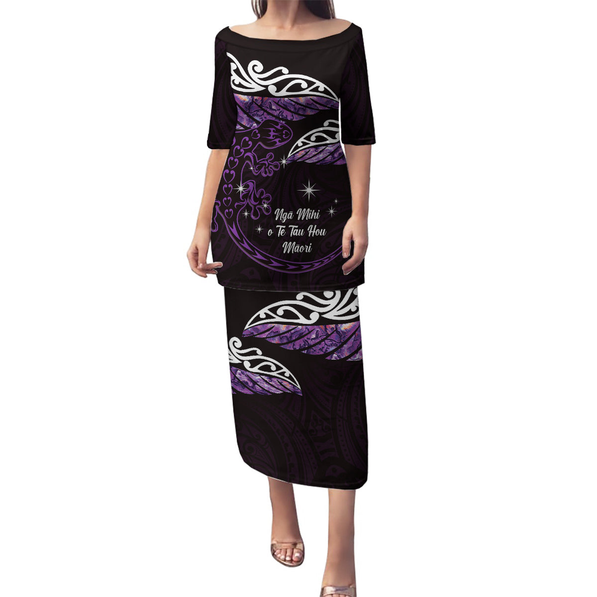New Zealand Matariki Family Matching Puletasi and Hawaiian Shirt Maori New Year Silver Fern And Lizard - Purple