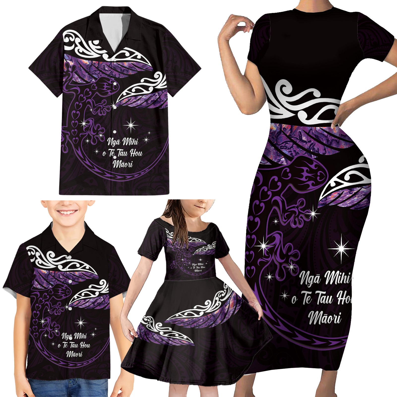 New Zealand Matariki Family Matching Short Sleeve Bodycon Dress and Hawaiian Shirt Maori New Year Silver Fern And Lizard - Purple