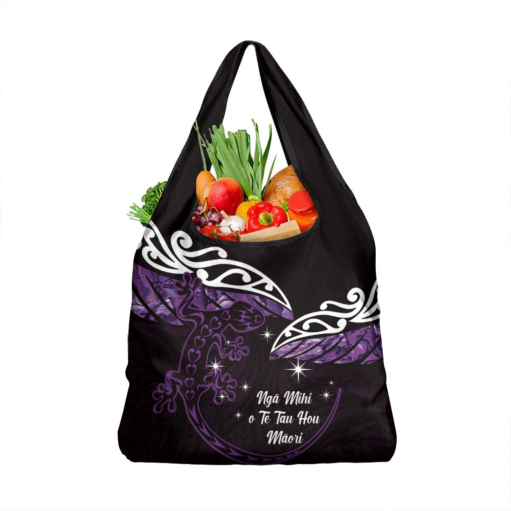 New Zealand Matariki Grocery Bag Maori New Year Silver Fern And Lizard - Purple