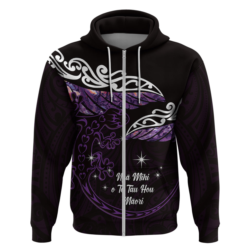 New Zealand Matariki Zip Hoodie Maori New Year Silver Fern And Lizard - Purple