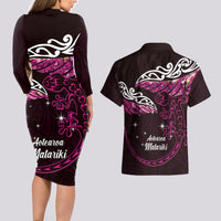 New Zealand Matariki Couples Matching Long Sleeve Bodycon Dress and Hawaiian Shirt Maori New Year Silver Fern And Lizard - Pink
