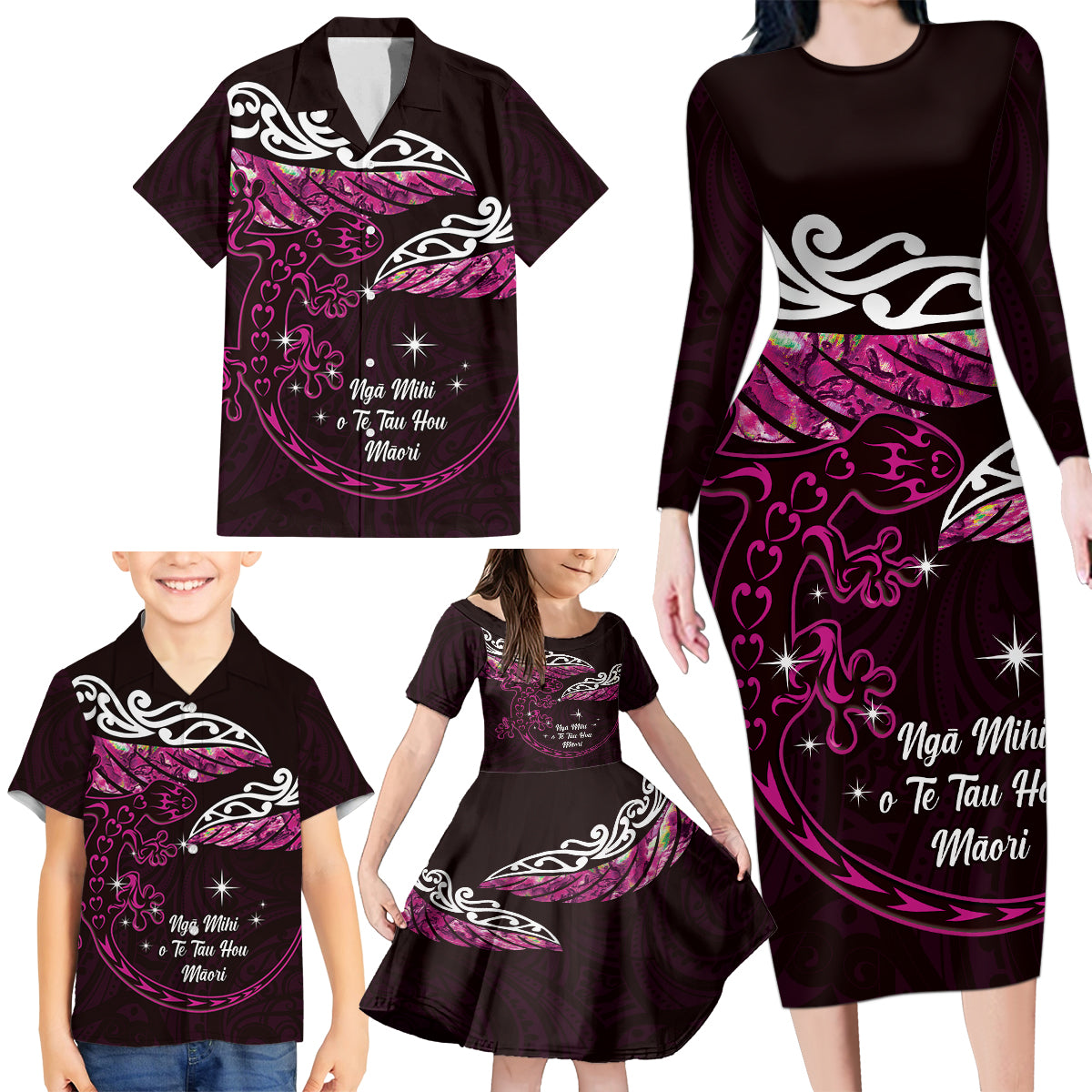 New Zealand Matariki Family Matching Long Sleeve Bodycon Dress and Hawaiian Shirt Maori New Year Silver Fern And Lizard - Pink