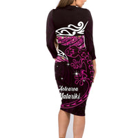 New Zealand Matariki Family Matching Long Sleeve Bodycon Dress and Hawaiian Shirt Maori New Year Silver Fern And Lizard - Pink
