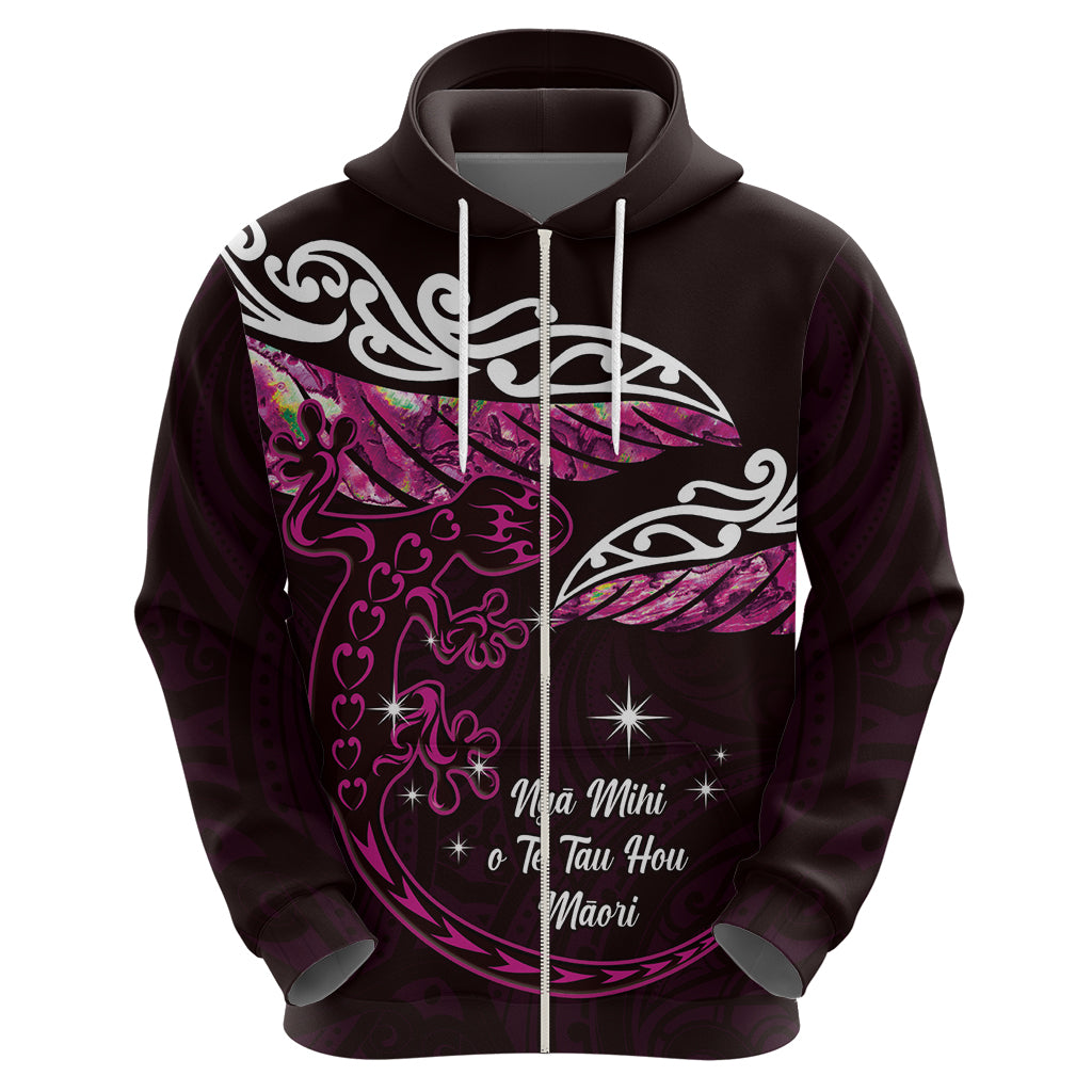 New Zealand Matariki Hoodie Maori New Year Silver Fern And Lizard - Pink