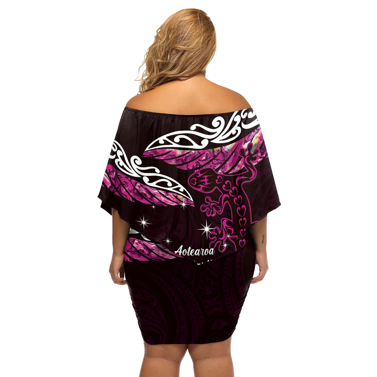 New Zealand Matariki Off Shoulder Short Dress Maori New Year Silver Fern And Lizard - Pink