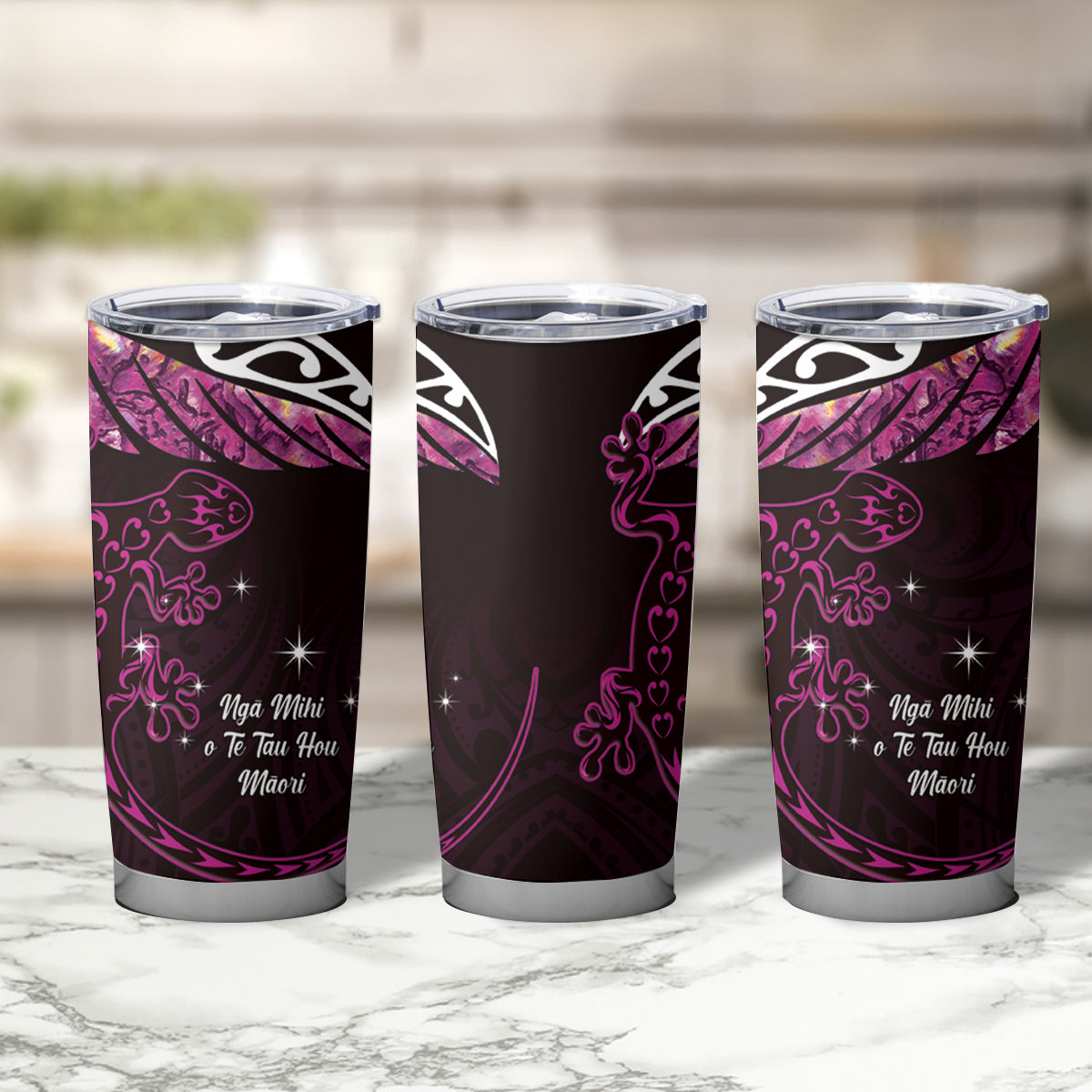 New Zealand Matariki Tumbler Cup Maori New Year Silver Fern And Lizard - Pink