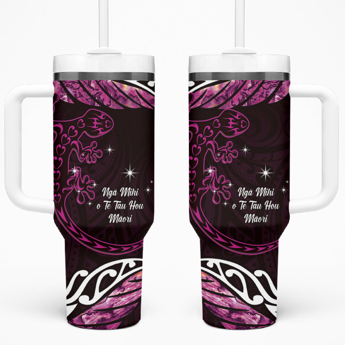 New Zealand Matariki Tumbler With Handle Maori New Year Silver Fern And Lizard - Pink