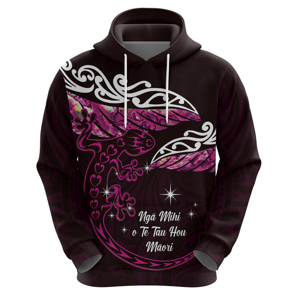 New Zealand Matariki Zip Hoodie Maori New Year Silver Fern And Lizard - Pink