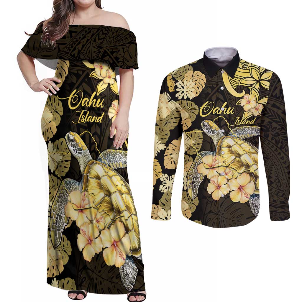Personalised Aloha Hawaii Oahu Island Couples Matching Off Shoulder Maxi Dress and Long Sleeve Button Shirt Gathering Place Sea Turtle Ilima Flowers LT14 Yellow - Polynesian Pride