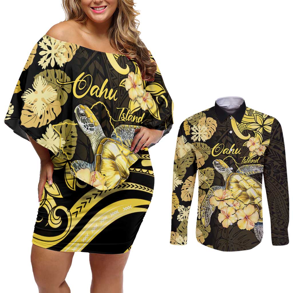 Personalised Aloha Hawaii Oahu Island Couples Matching Off Shoulder Short Dress and Long Sleeve Button Shirt Gathering Place Sea Turtle Ilima Flowers LT14 Yellow - Polynesian Pride