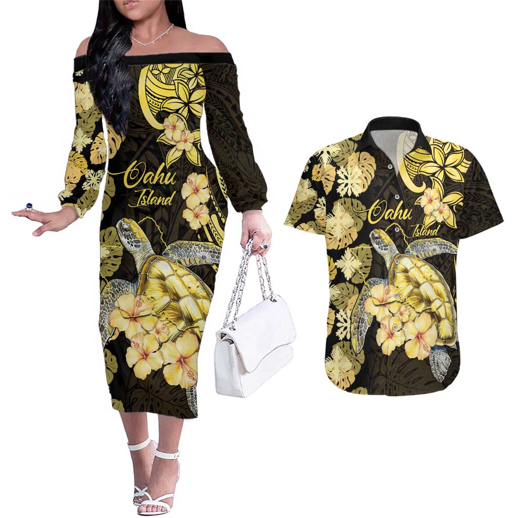 Personalised Aloha Hawaii Oahu Island Couples Matching Off The Shoulder Long Sleeve Dress and Hawaiian Shirt Gathering Place Sea Turtle Ilima Flowers LT14 Yellow - Polynesian Pride