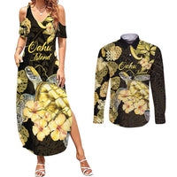 Personalised Aloha Hawaii Oahu Island Couples Matching Summer Maxi Dress and Long Sleeve Button Shirt Gathering Place Sea Turtle Ilima Flowers LT14 Yellow - Polynesian Pride