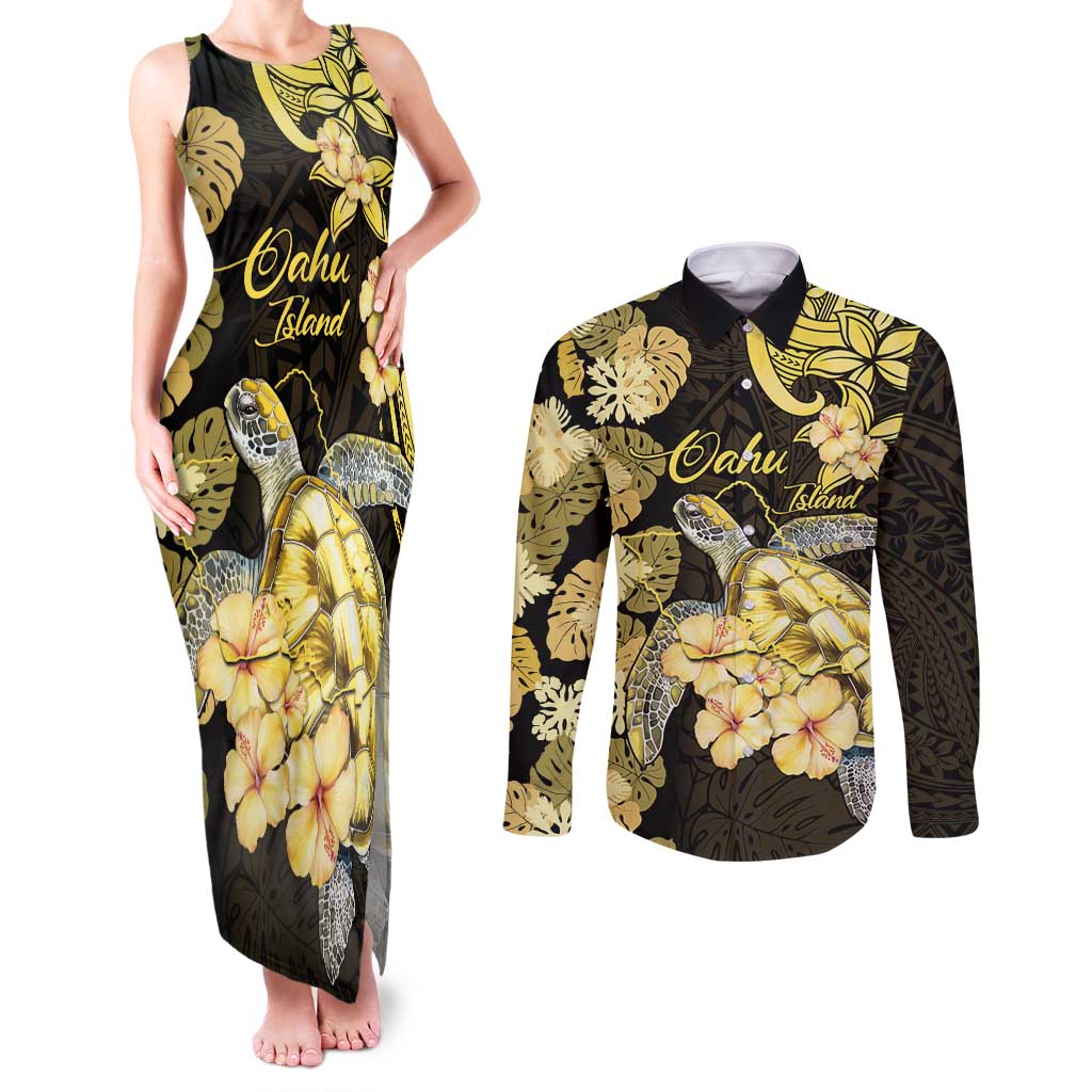 Personalised Aloha Hawaii Oahu Island Couples Matching Tank Maxi Dress and Long Sleeve Button Shirt Gathering Place Sea Turtle Ilima Flowers