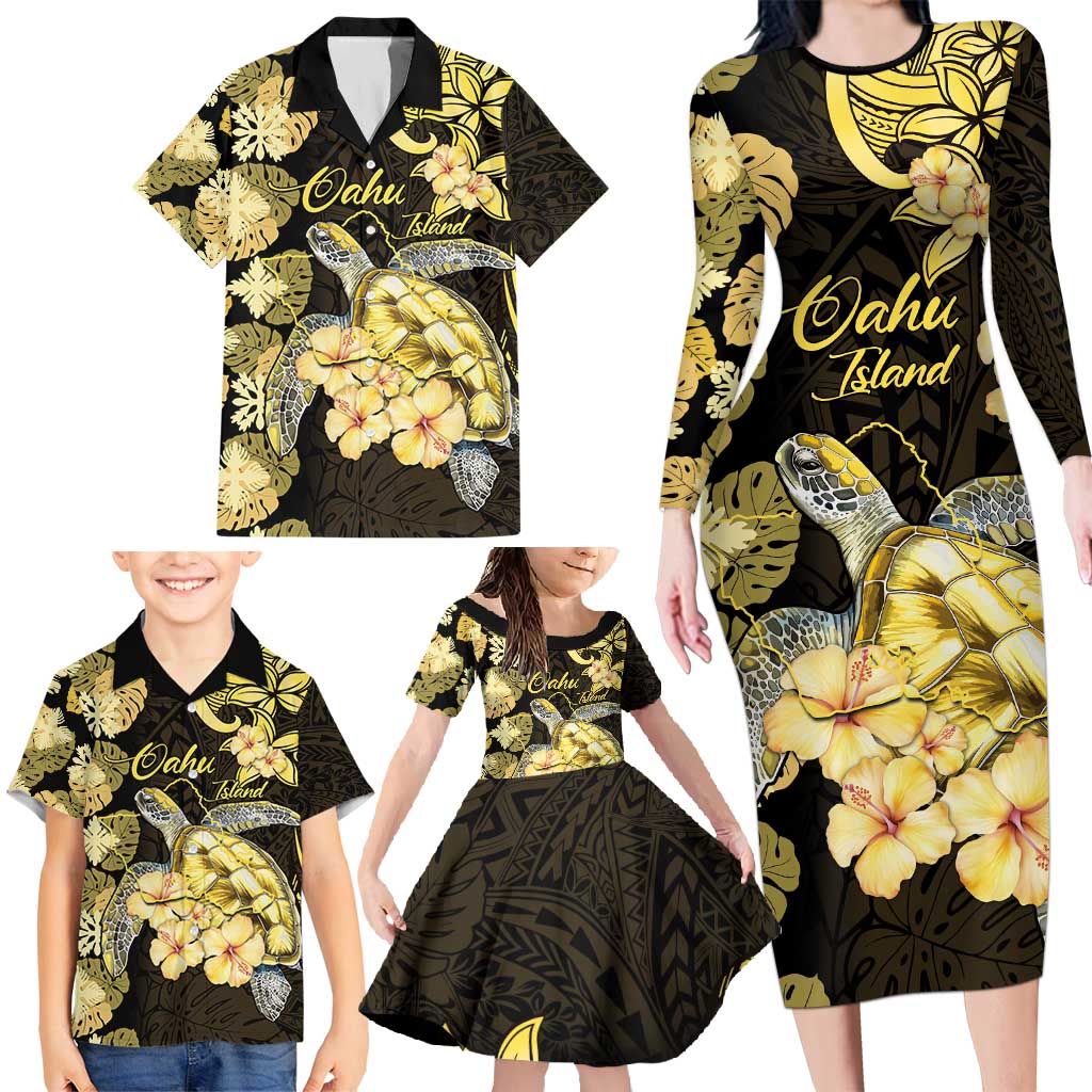 Personalised Aloha Hawaii Oahu Island Family Matching Long Sleeve Bodycon Dress and Hawaiian Shirt Gathering Place Sea Turtle Ilima Flowers