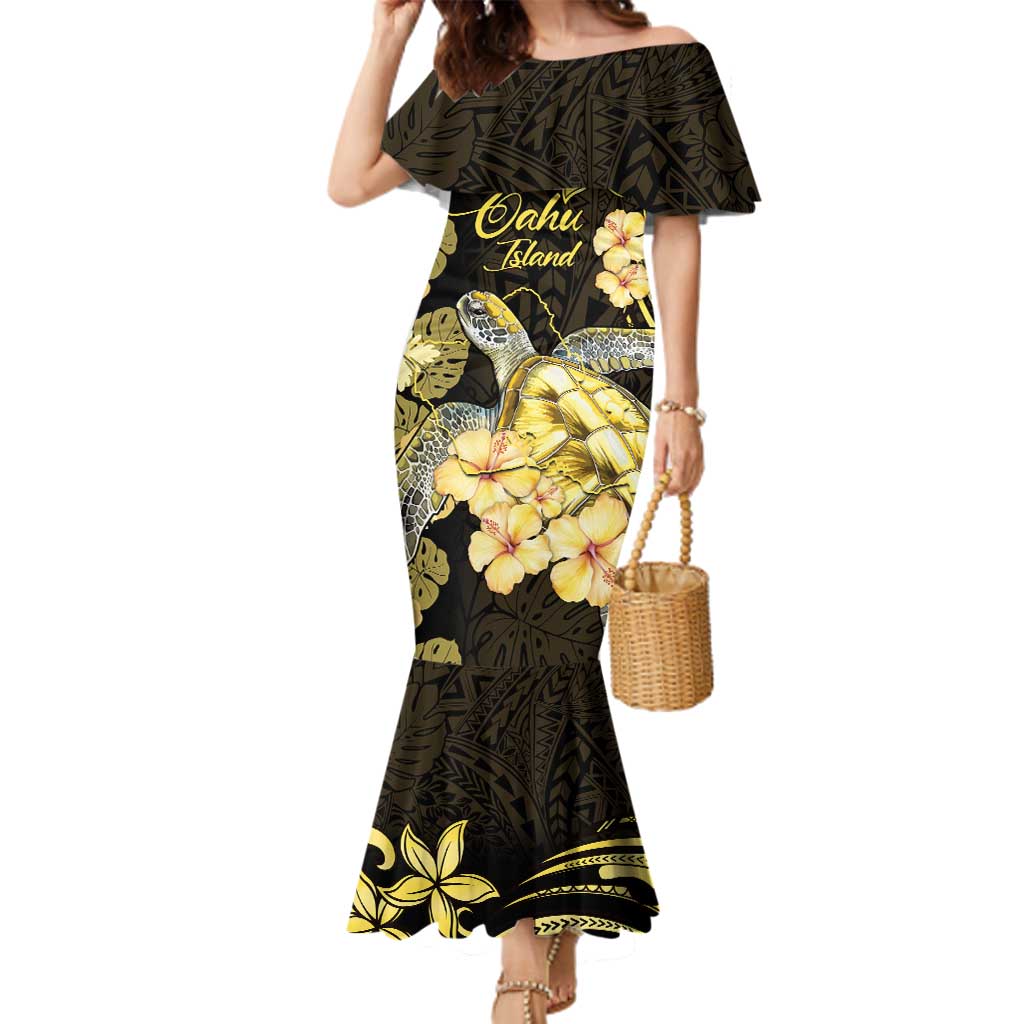 Personalised Aloha Hawaii Oahu Island Family Matching Mermaid Dress and Hawaiian Shirt Gathering Place Sea Turtle Ilima Flowers