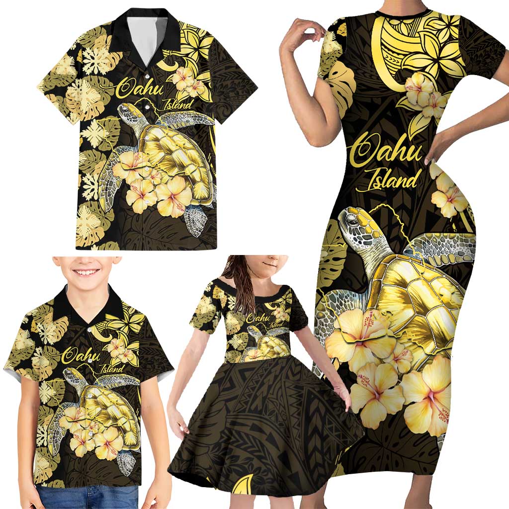 Personalised Aloha Hawaii Oahu Island Family Matching Short Sleeve Bodycon Dress and Hawaiian Shirt Gathering Place Sea Turtle Ilima Flowers
