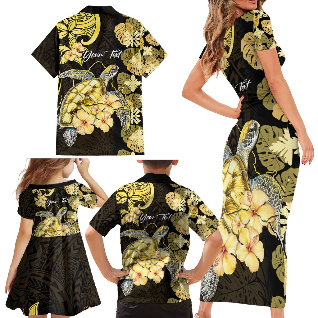 Personalised Aloha Hawaii Oahu Island Family Matching Short Sleeve Bodycon Dress and Hawaiian Shirt Gathering Place Sea Turtle Ilima Flowers