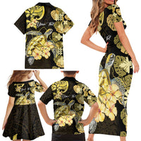 Personalised Aloha Hawaii Oahu Island Family Matching Short Sleeve Bodycon Dress and Hawaiian Shirt Gathering Place Sea Turtle Ilima Flowers