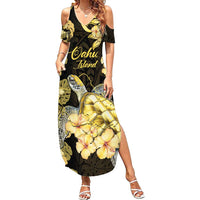 Personalised Aloha Hawaii Oahu Island Family Matching Summer Maxi Dress and Hawaiian Shirt Gathering Place Sea Turtle Ilima Flowers